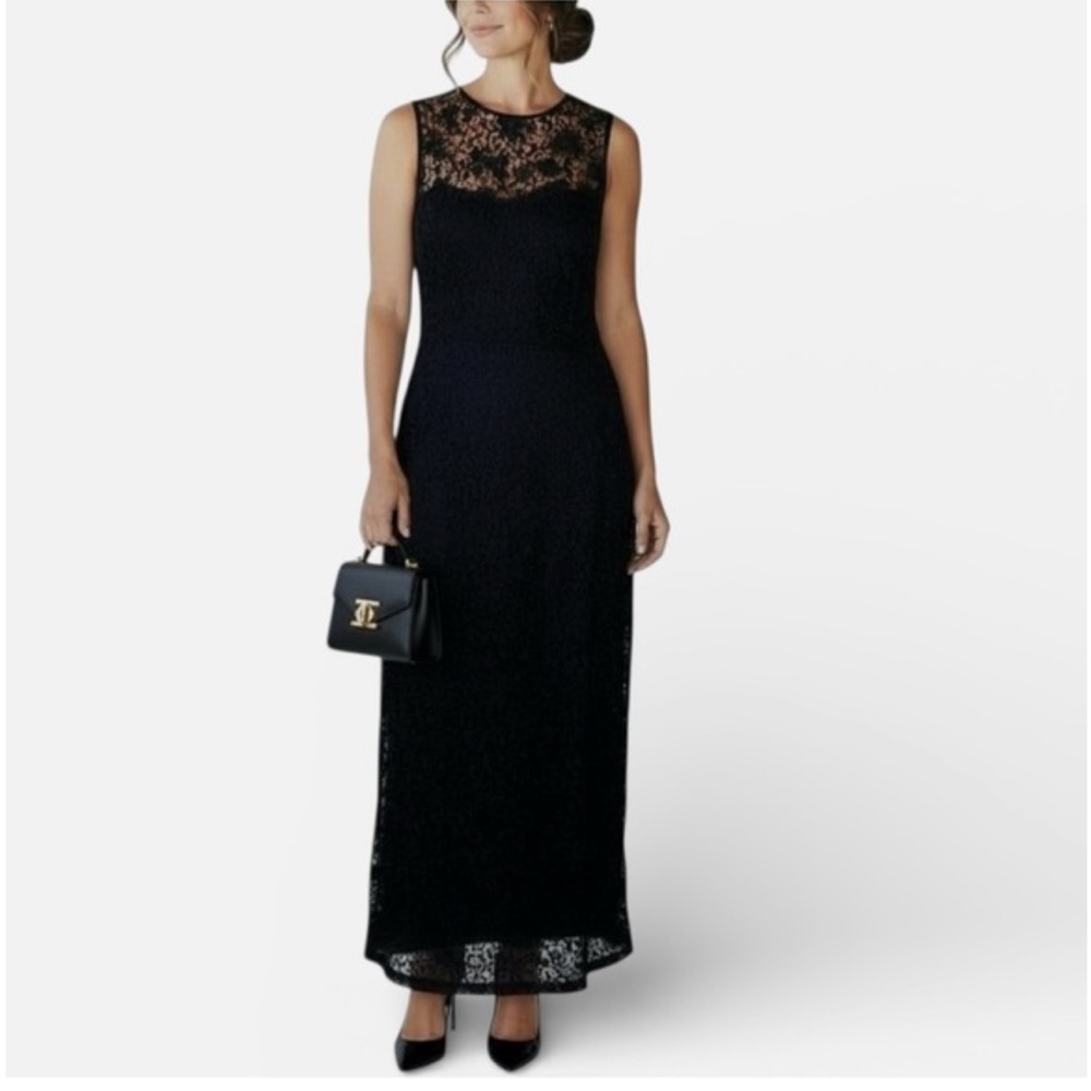 Ralph Lauren Blue Backless Floral Lace Maxi Dress Women 14 Side Split Party Gown